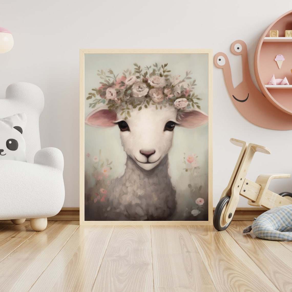 Smiling Lamb Wearing a Pink Flower Crown Nursery Animal Poster - Image 2