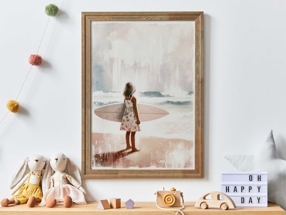 Little Girl with Surfboard at the Beach Watercolor Nursery Art Poster