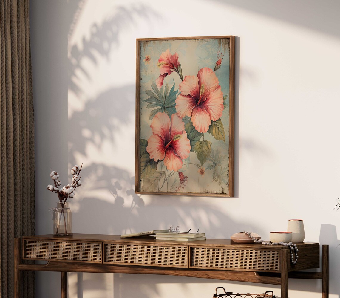 Vintage Coral Pink Hibiscus Blossoms Tropical Botanical Floral Poster - Image 2