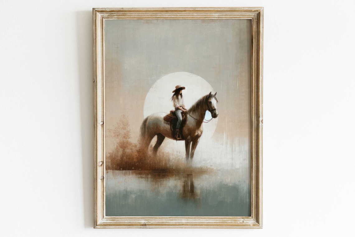 Cowgirl Riding Horse Beside Water Under Giant Full Moon Poster