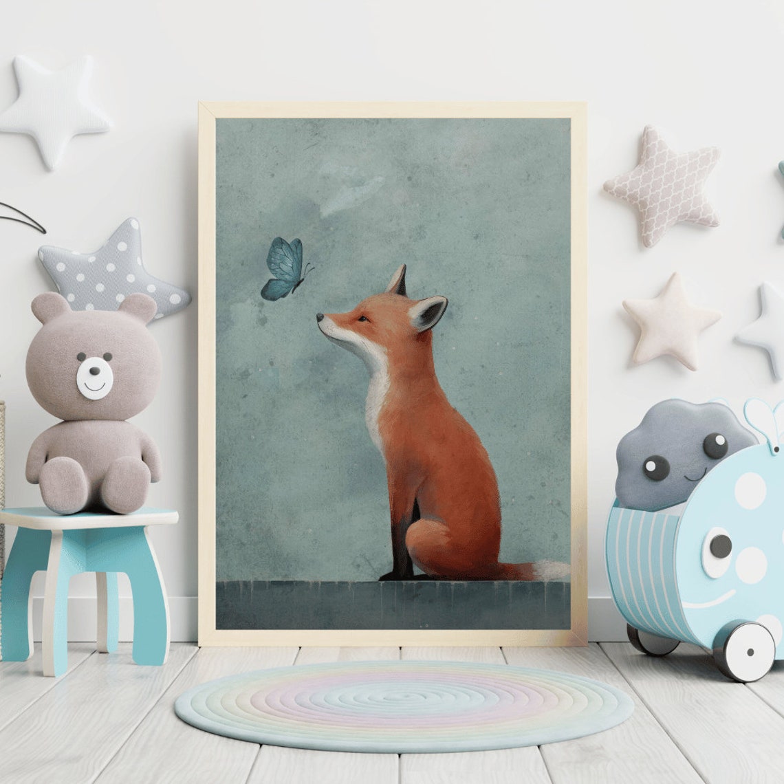 Sweet Red Fox Watching a Blue Butterfly Sage Nursery Kids Poster - Image 2
