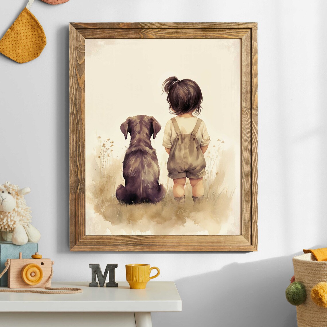 Little Toddler Girl and Puppy Best Friends in Meadow Nursery Poster - Image 2