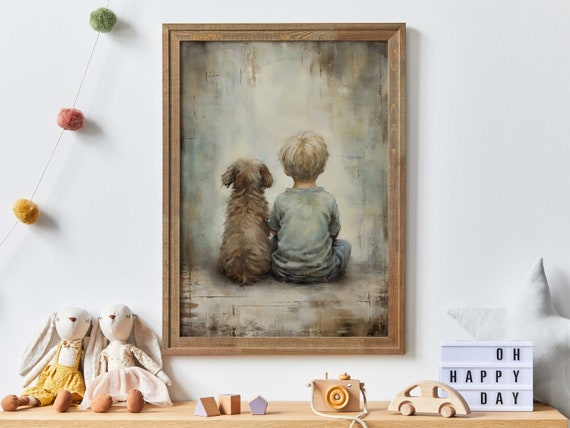 Boy And Dog Art Print, Rustic Nursery Decor