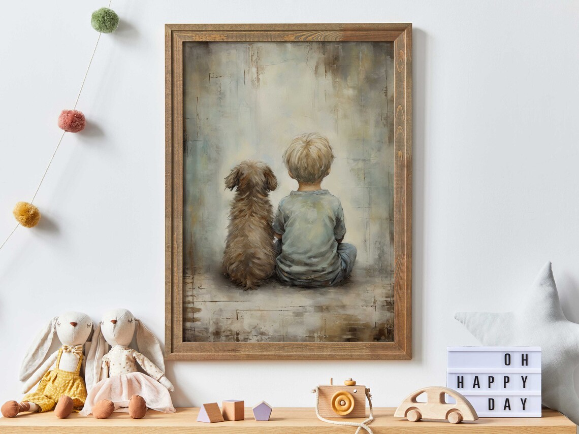 Boy And Dog Art Print, Rustic Nursery Decor