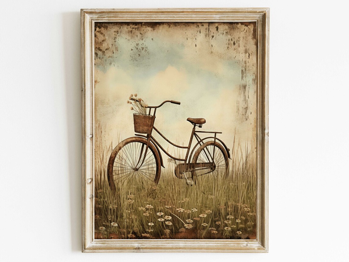Vintage Bicycle Art Print, Rustic Floral Meadow