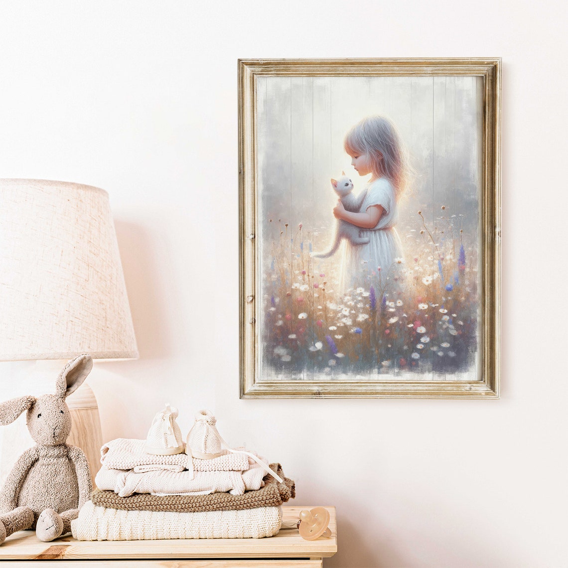 Girl And Cat Print White Cat Nursery Decor Cat Art Wildflower Nursery Girls Room Decor Floral Nursery Decor Girl Wall Art - Image 2