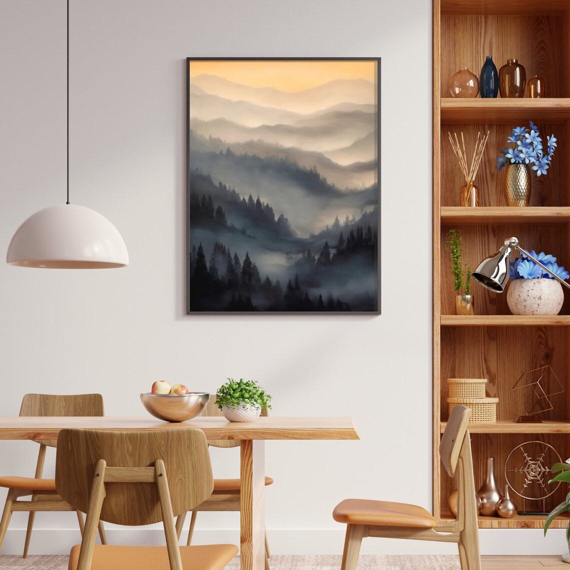 Misty Forest Watercolor Mountain Wall Art Print - Image 2