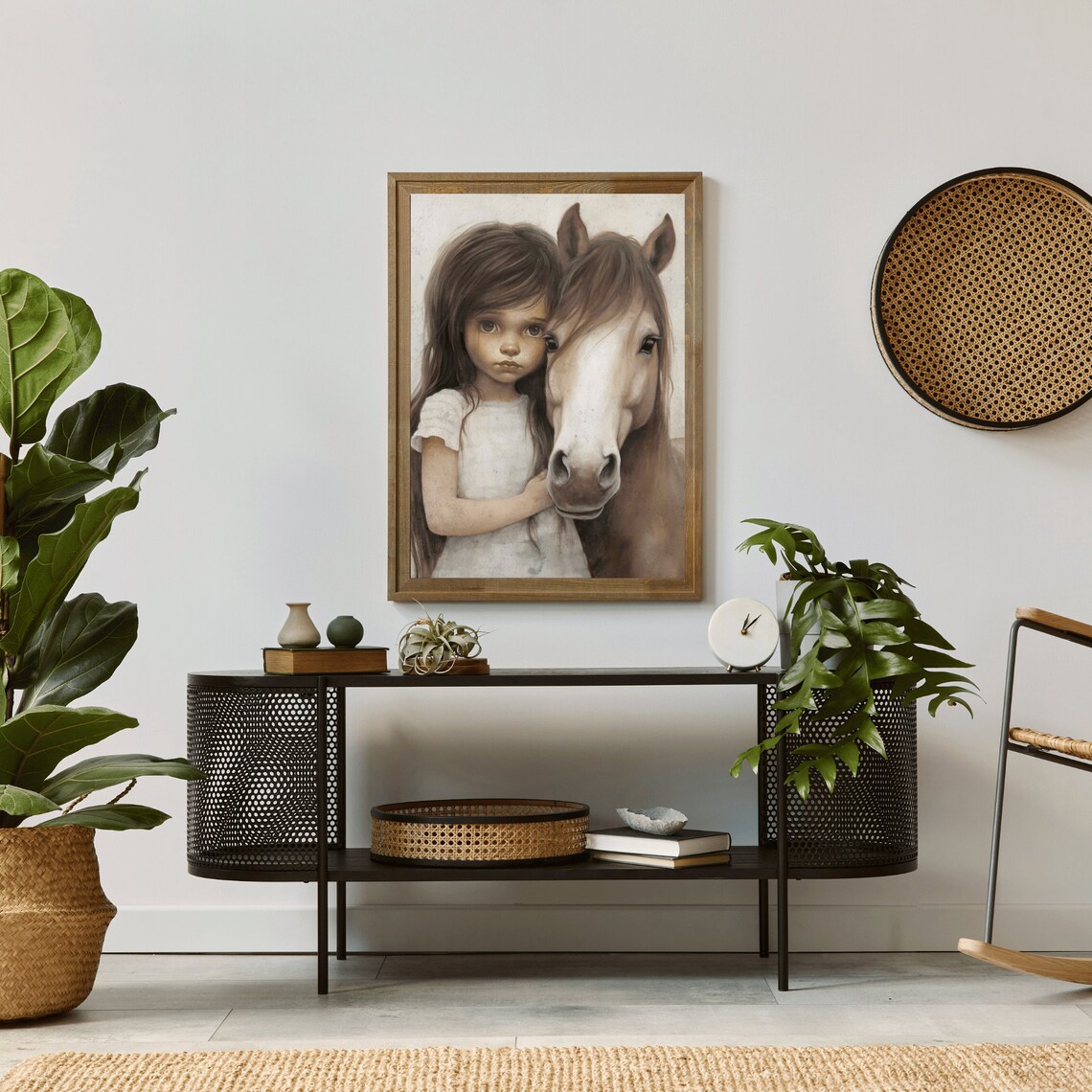 Young Girl Tenderly Hugging Her Horse in Soft Sepia Tones Poster - Image 2