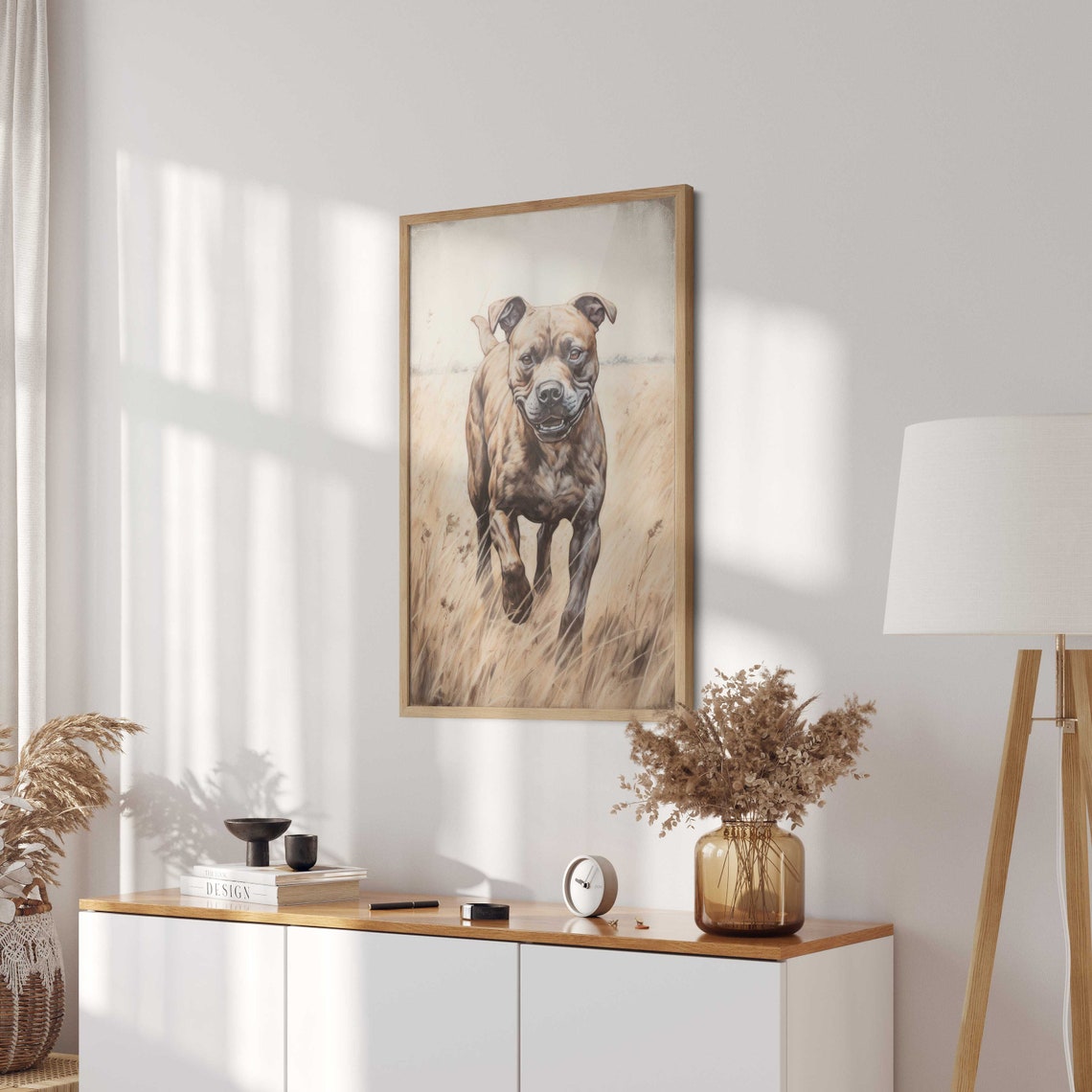 Brindle Staffordshire Bull Terrier Running Through Grass Poster - Image 2