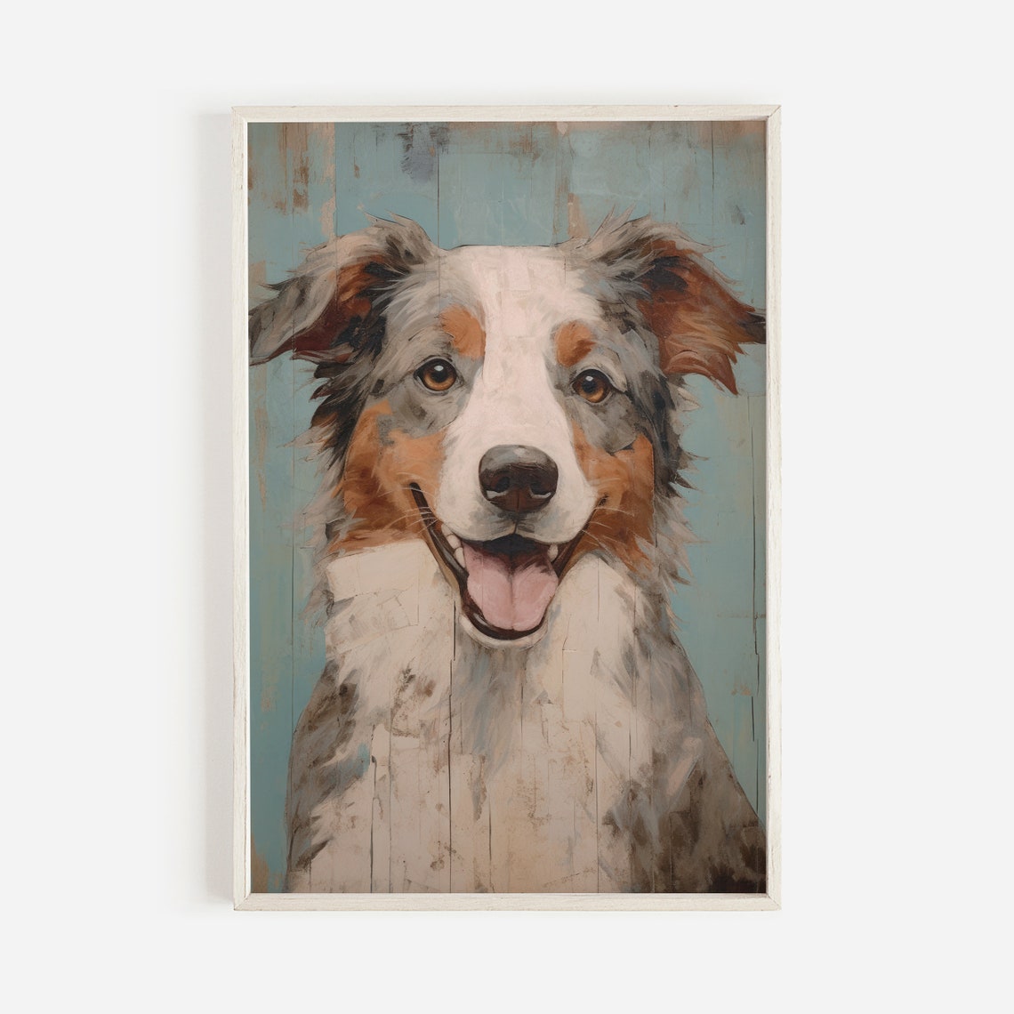 Smiling Australian Shepherd Dog Portrait on Vintage Blue Art Poster - Image 2