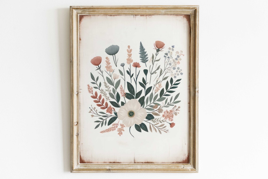 Vintage Wildflower Bouquet Rustic Botanical Illustration Poster
