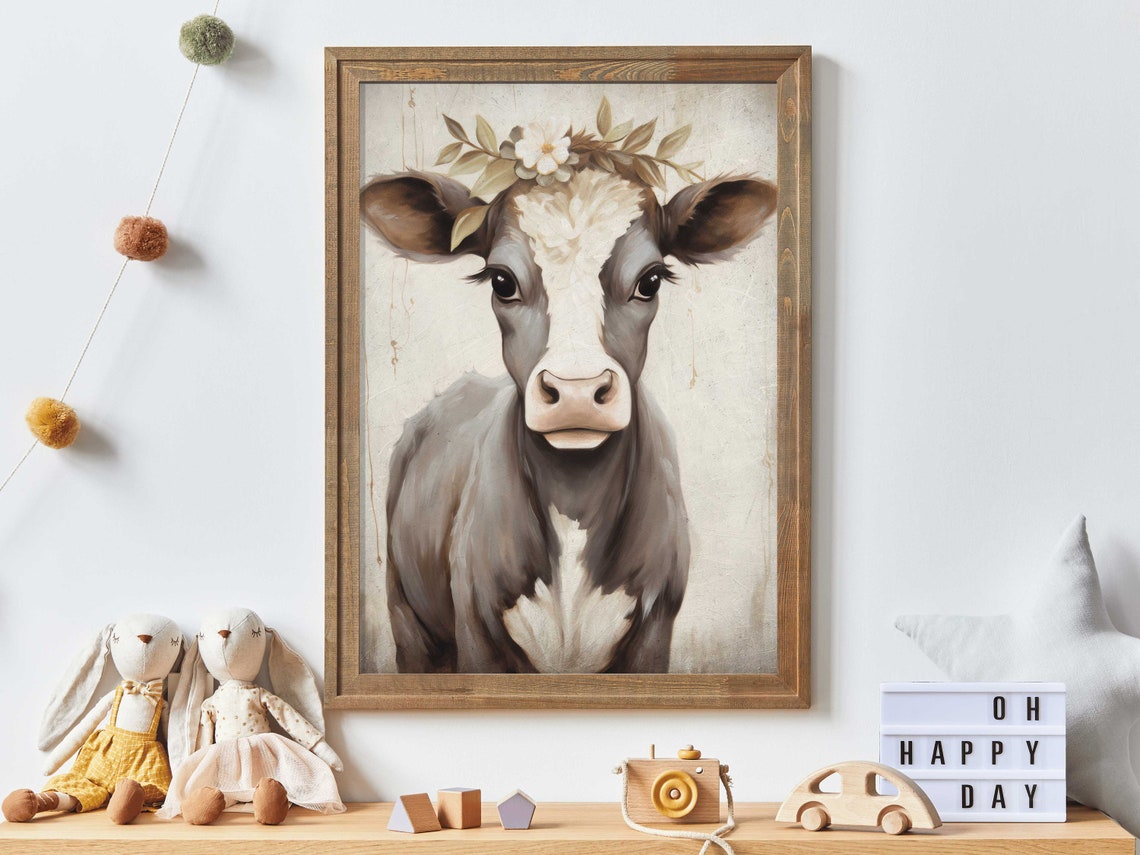 Vintage Cow Portrait Animal With Flowers Cow Wall Art Rustic Farmhouse Home Decor Country Style Art Farm Animal Art Printprintable Art - Image 2