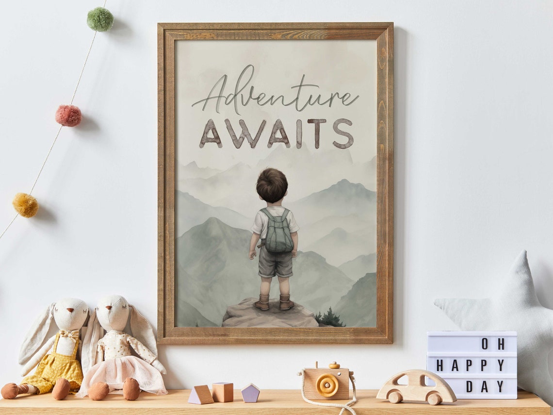 Adventure Awaits Quote Poster Boy Explorer Facing Misty Mountain Peaks