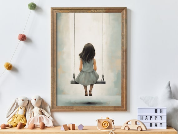 Little Girl on a Swing Back View Nursery Watercolor Art Print