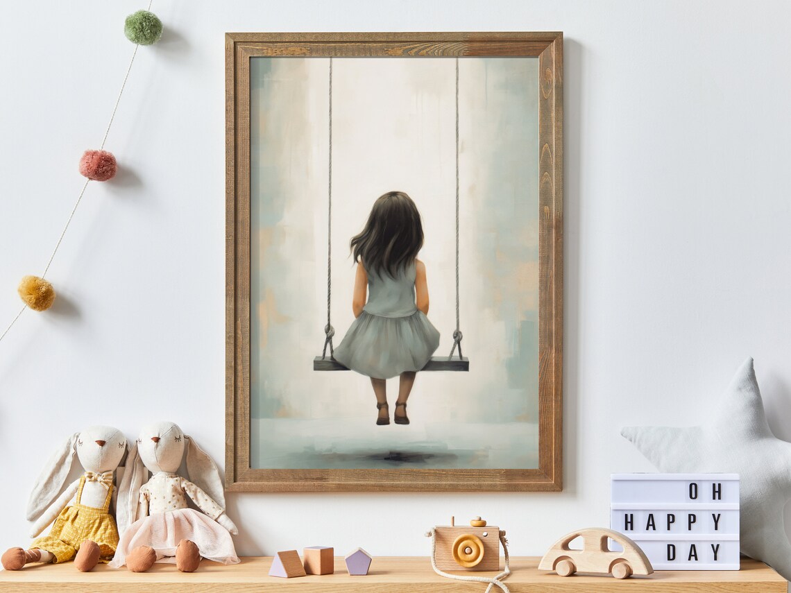 Little Girl on a Swing Back View Nursery Watercolor Art Print