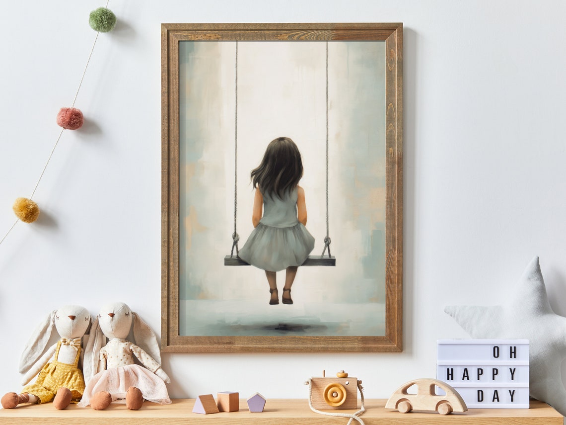 Vintage Nursery Art Little Girl On Swing Kids Room Art Rustic Nursery Decor Girl Room Girls Bedroom Wall Art