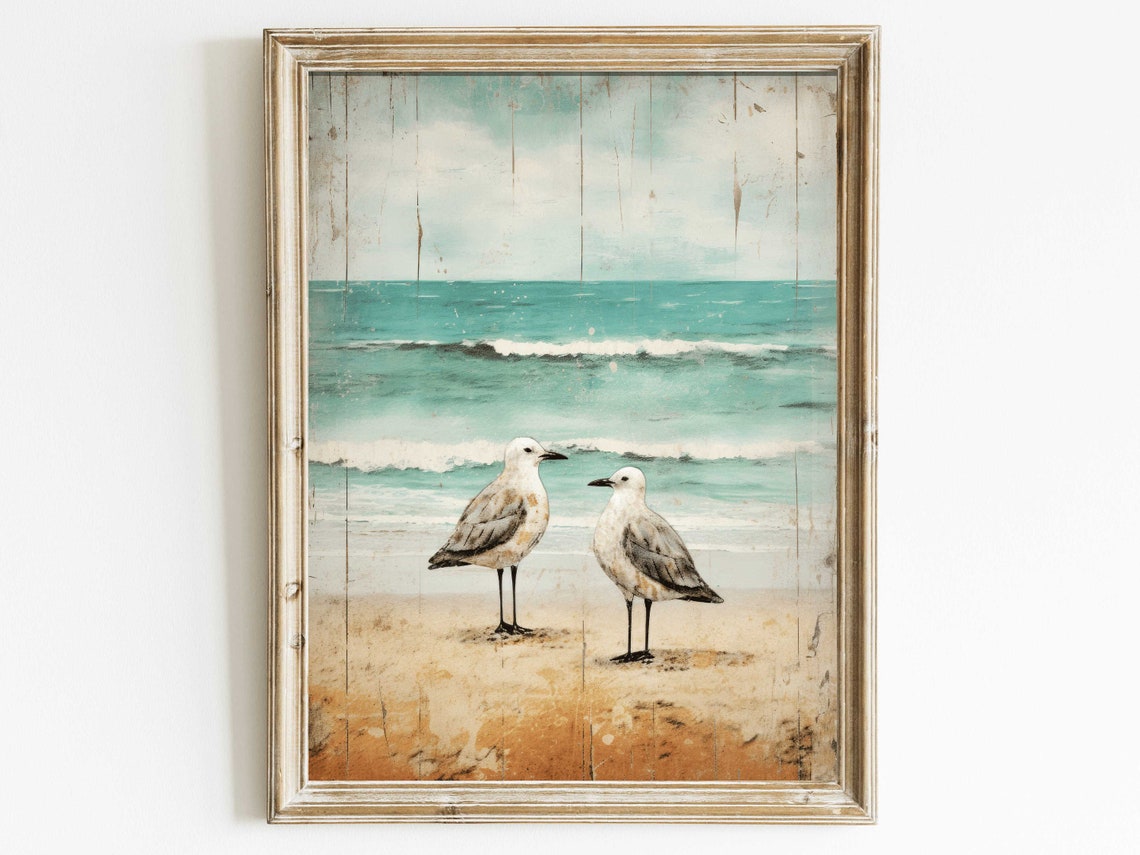 Two Seagulls Standing on a Sandy Beach Turquoise Ocean Poster