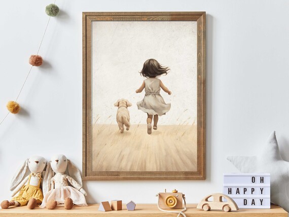 Little Girl Running with Her Puppy Dog Vintage Nursery Wall Art