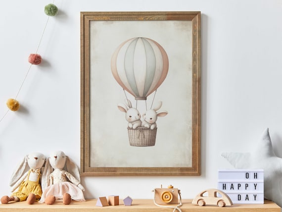 Two Cute Bunnies Riding Hot Air Balloon Nursery Watercolor Poster