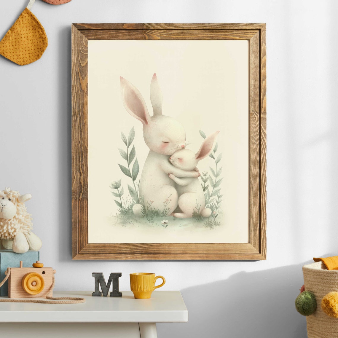Two White Bunnies Hugging Watercolor Woodland Nursery Poster - Image 2