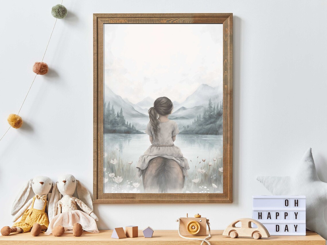 Girl Riding a Horse Across a Misty Mountain Lake Scene Poster