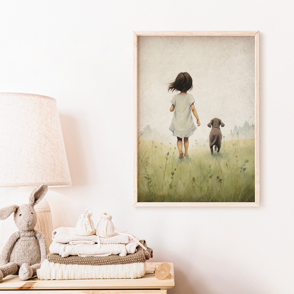 Little Girl Walking Through Meadow with Puppy Vintage Nursery Poster - Image 2