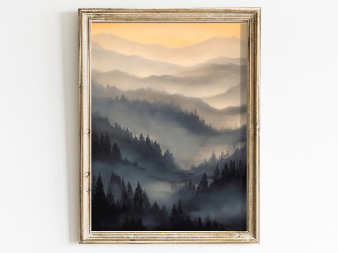 Misty Forest Watercolor Mountain Wall Art Print