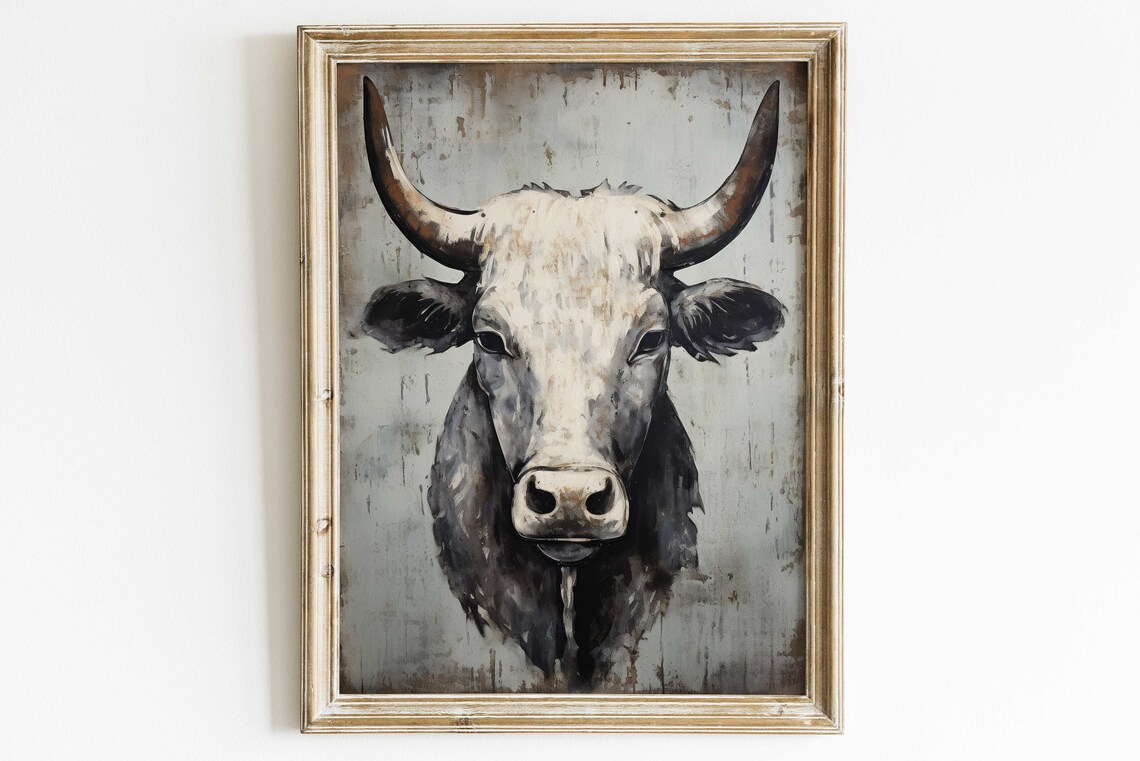 Bull Portrait Art Print, Rustic Farmhouse Decor