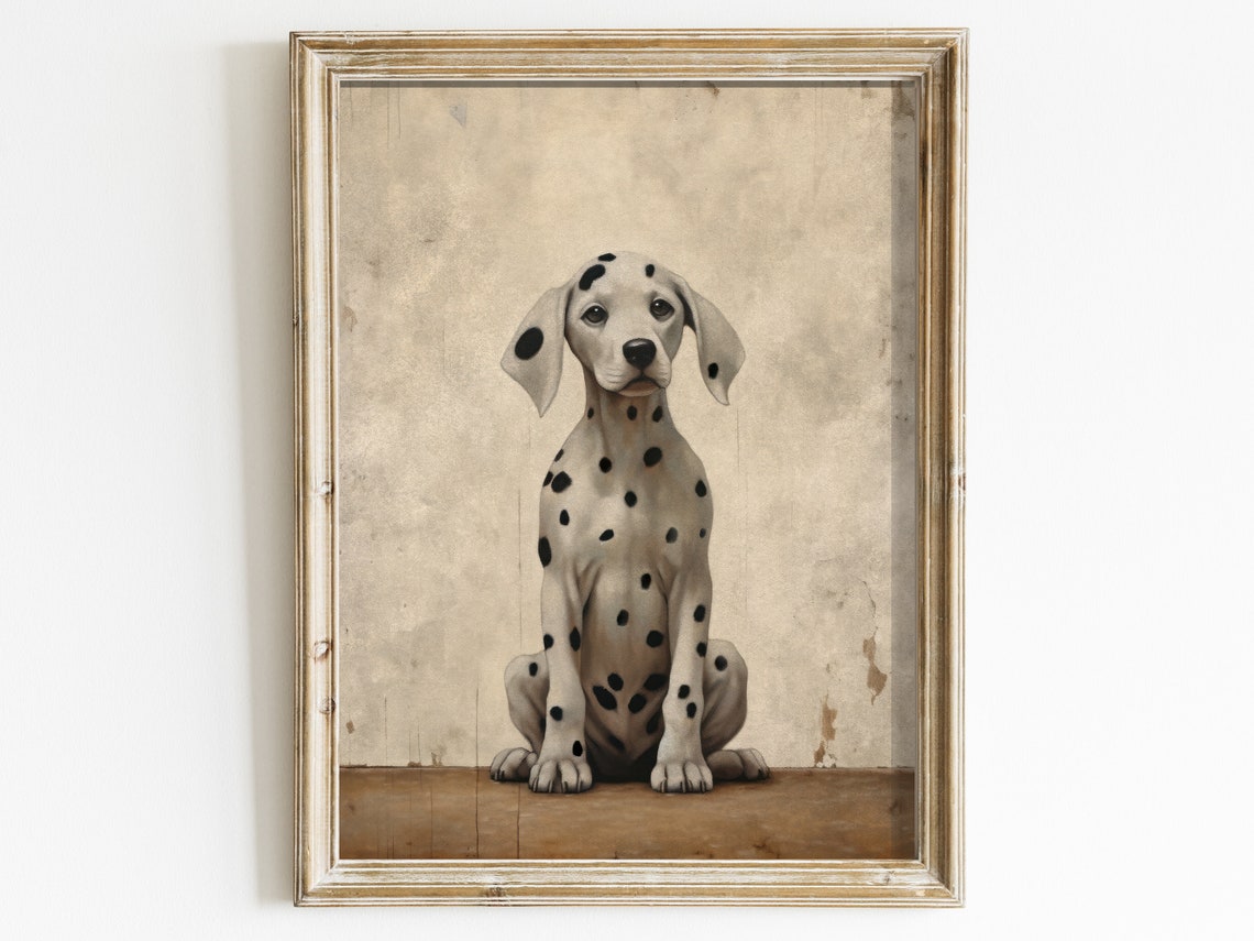 Dalmatian Puppy Sitting Portrait On Aged Beige Vintage Dog Art Print