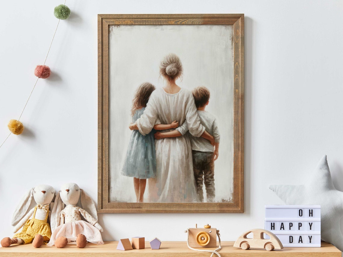 Mother Embracing Her Two Children in Soft White Light Poster - Image 2