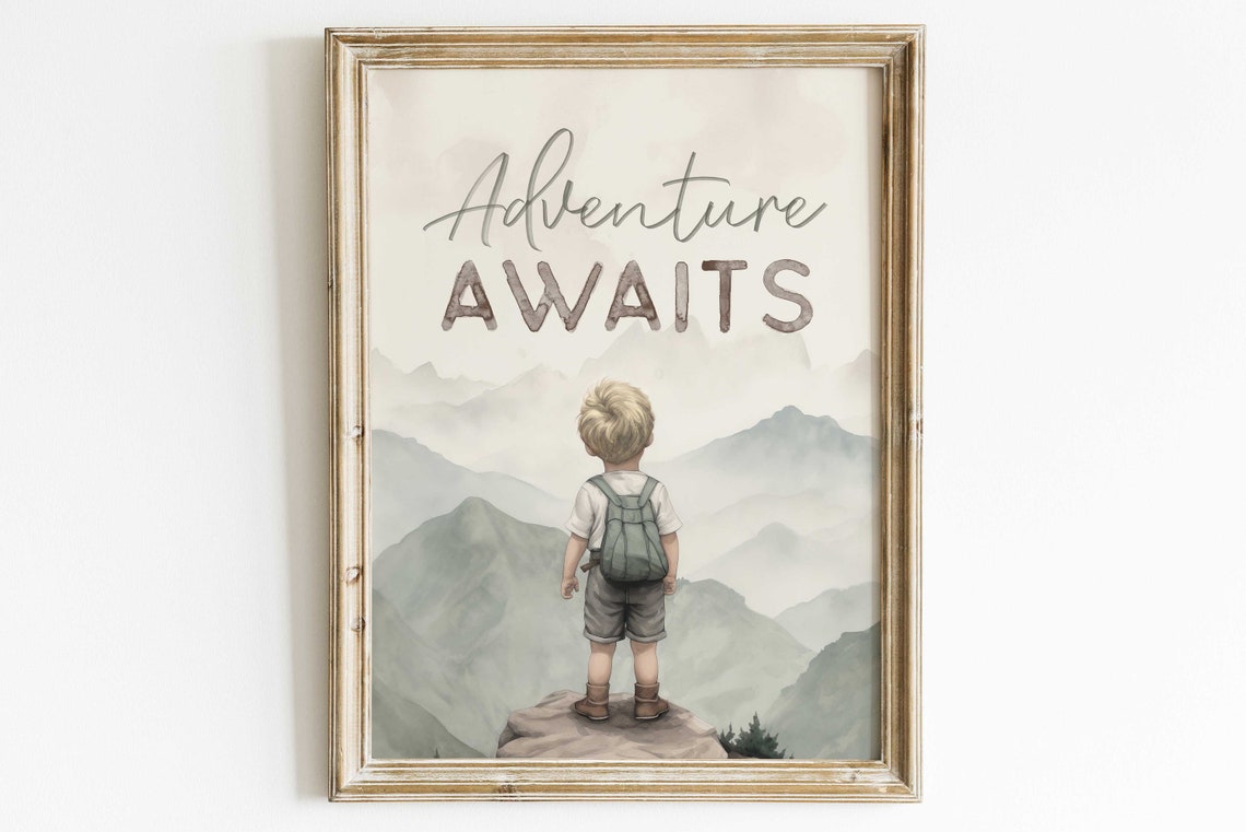 Adventure Awaits Little Boy Explorer Mountain Nursery Poster - Image 2