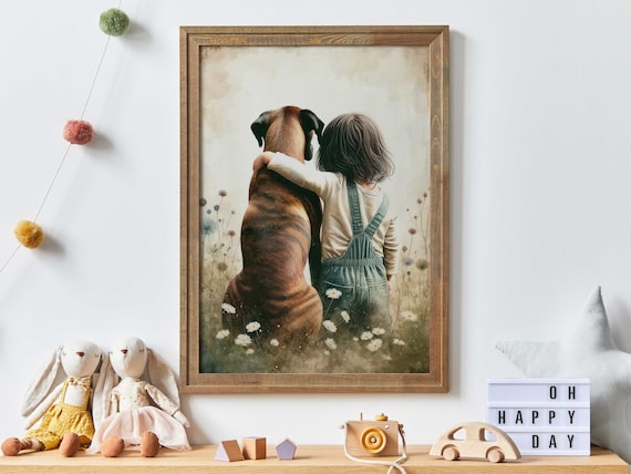 Little Girl Hugging Her Boxer Dog Daisy Field Nursery Poster