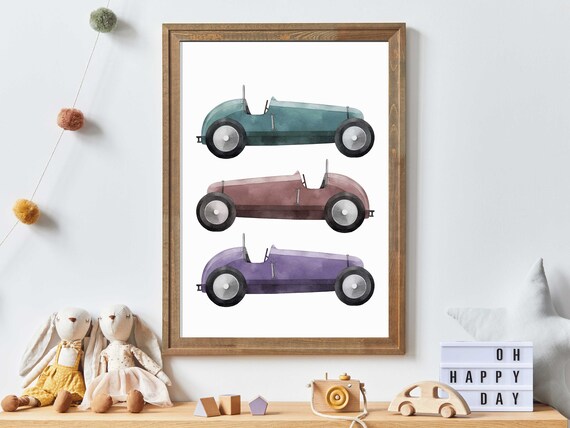 Three Vintage Race Cars in Pastel Colors Boys Room Art Poster