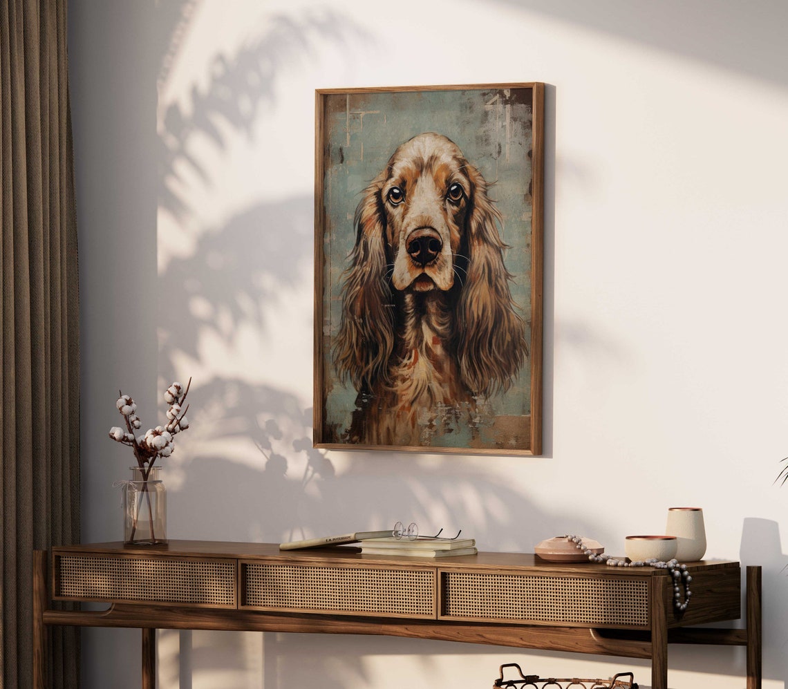 Cocker Spaniel Dog Portrait on Distressed Teal Blue Art Poster - Image 2