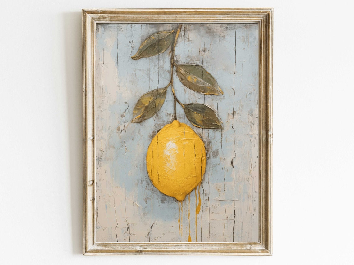 Single Hanging Lemon on Branch Rustic Citrus Fruit Still Life Poster