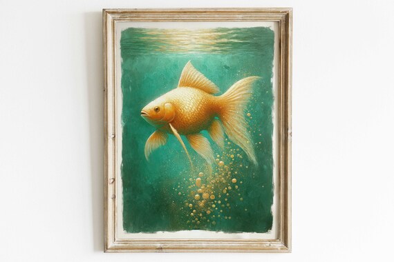 Gold Fish Art Emerald Green Wall Art Goldfish Print Fish Painting Vintage Home Decor Green Wall Decor Fish Home Decor