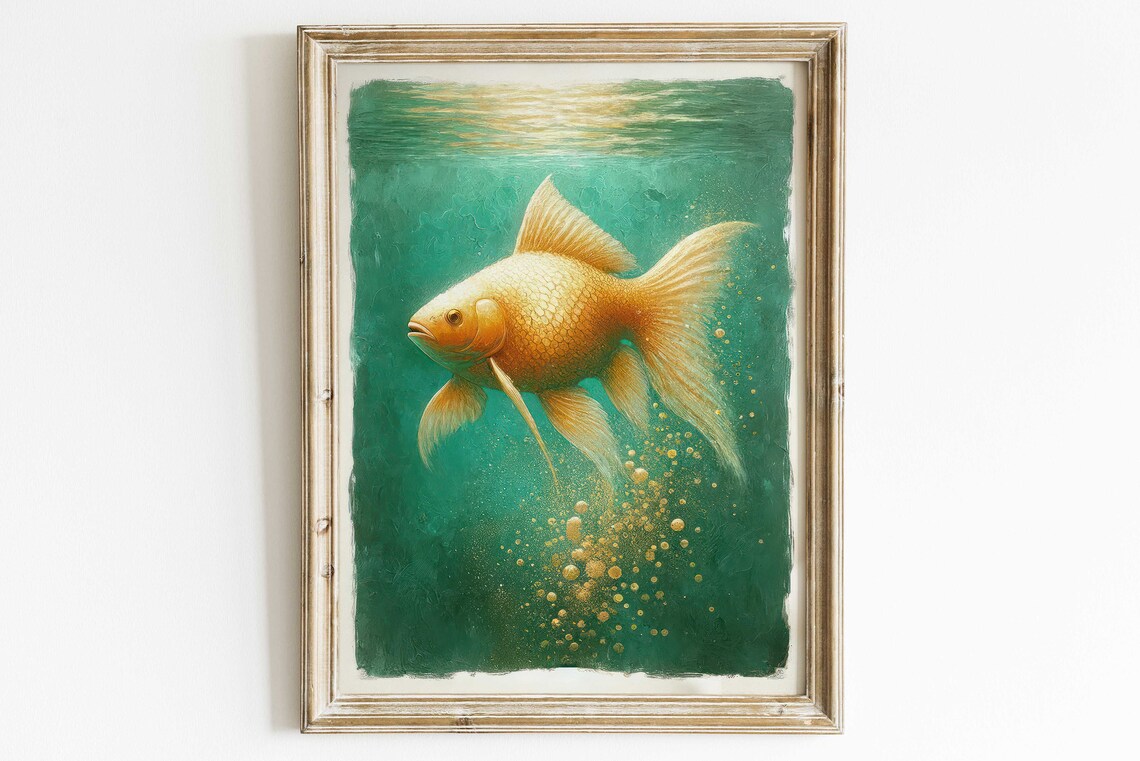 Golden Goldfish Swimming in Emerald Green Water Vintage Style Poster