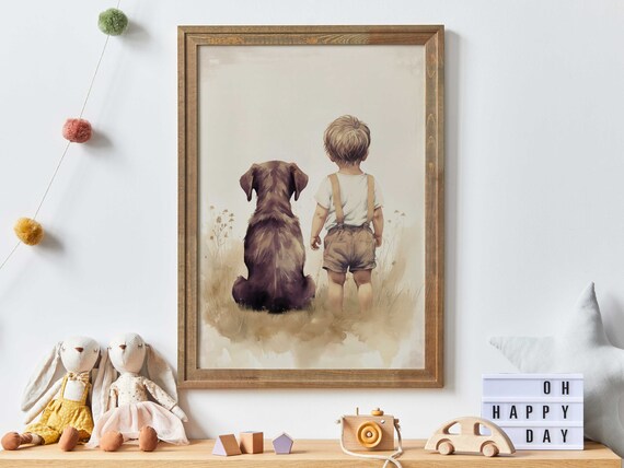 Boy and Brown Dog Sitting Side by Side Sweet Nursery Art Poster