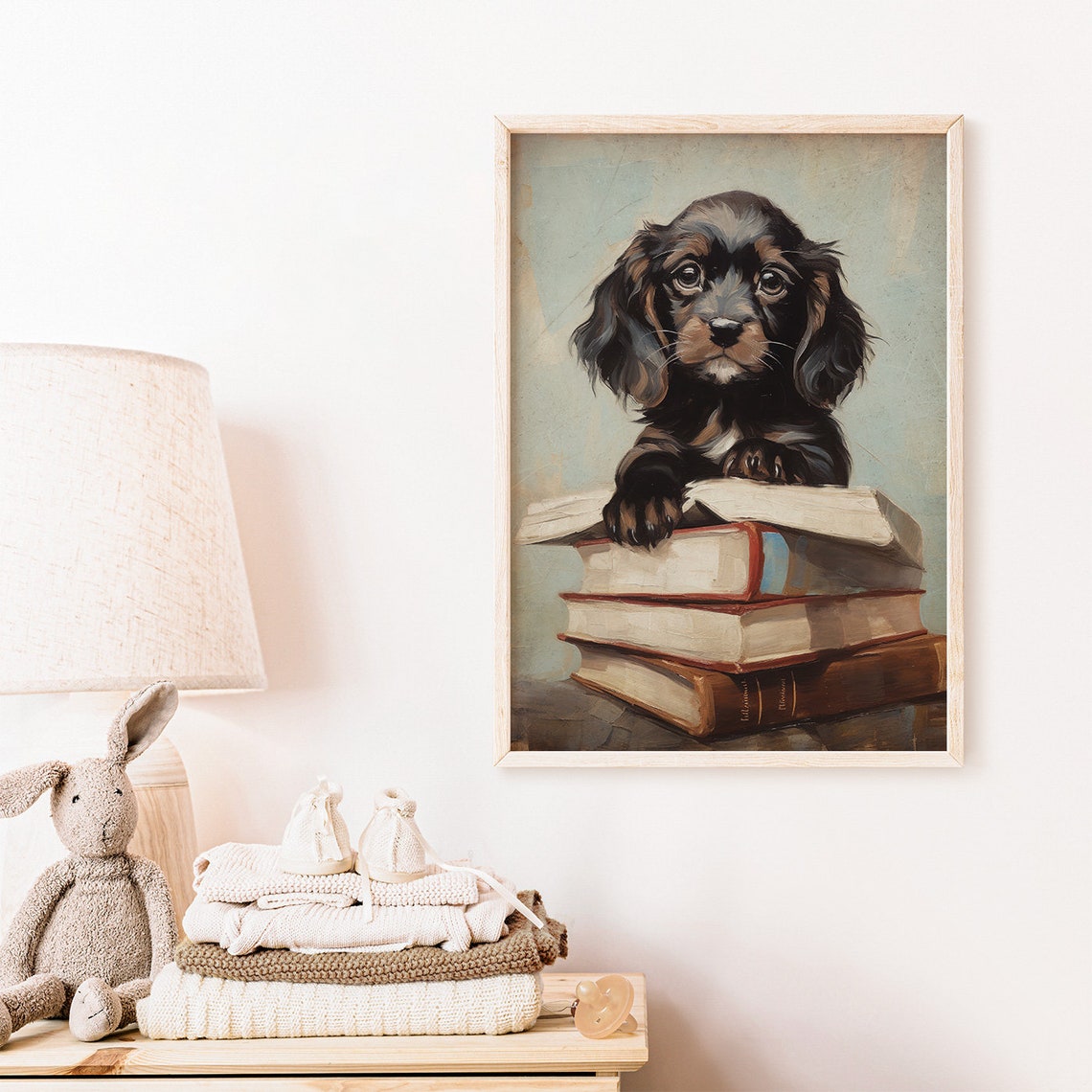 Sweet Black and Tan Puppy Resting on a Stack of Old Books Poster - Image 2