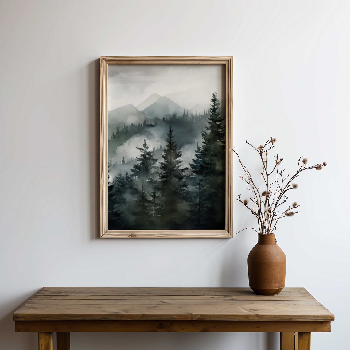 Misty Pine Forest Watercolor Landscape Tranquil Nature Scene Poster - Image 2