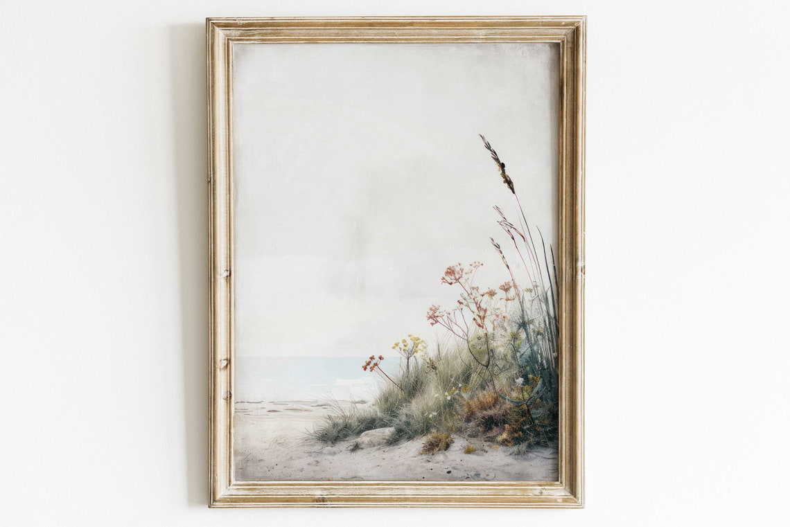 Minimalist Beach Scene With Dune Grasses Soft Coastal Decor Poster