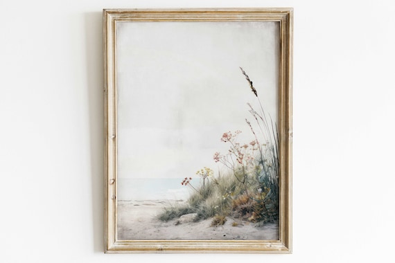 Minimalist Beach Scene With Dune Grasses Soft Coastal Decor Poster