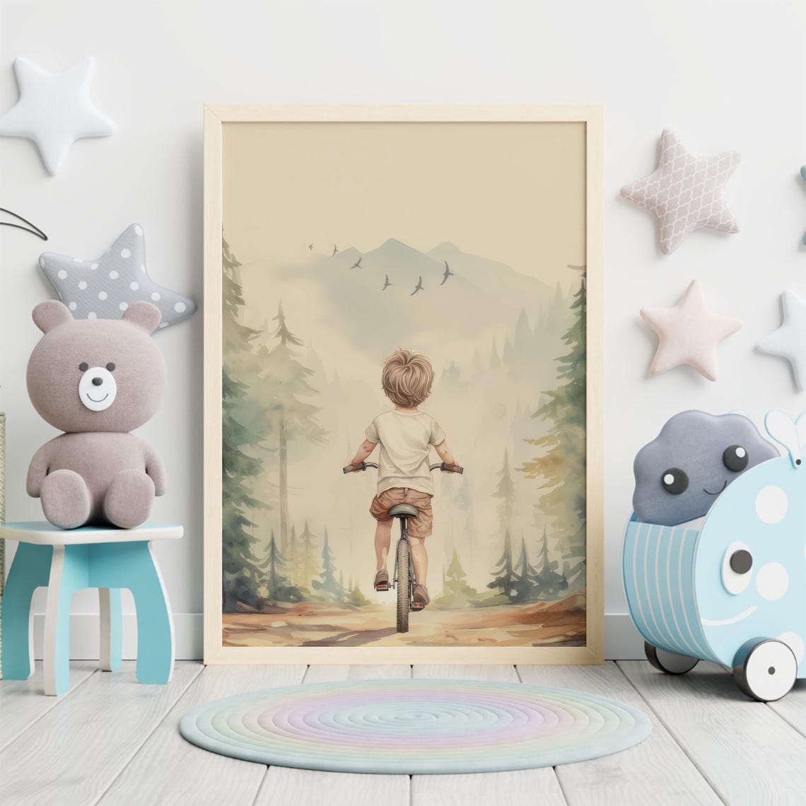 Little Boy Biking Through Misty Pine Forest Nursery Art Poster - Image 5