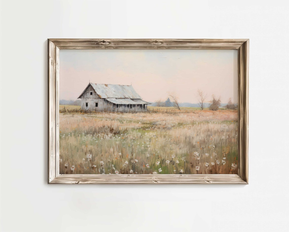 Old Weathered Barn In Golden Meadow Rustic Countryside Art Poster