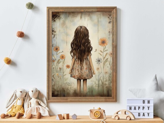 Girl from Behind Among Tall Wildflowers Whimsical Nursery Poster