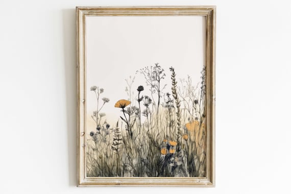Wildflower Meadow Ink Sketch With Single Golden Poppy Flower Poster