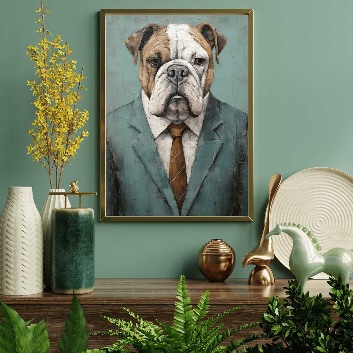 English Bulldog Art Vintage Dog Print Dog With Clothes Bulldog Portrait Rustic Dog Decor Funny Dog Wall Art - Image 2