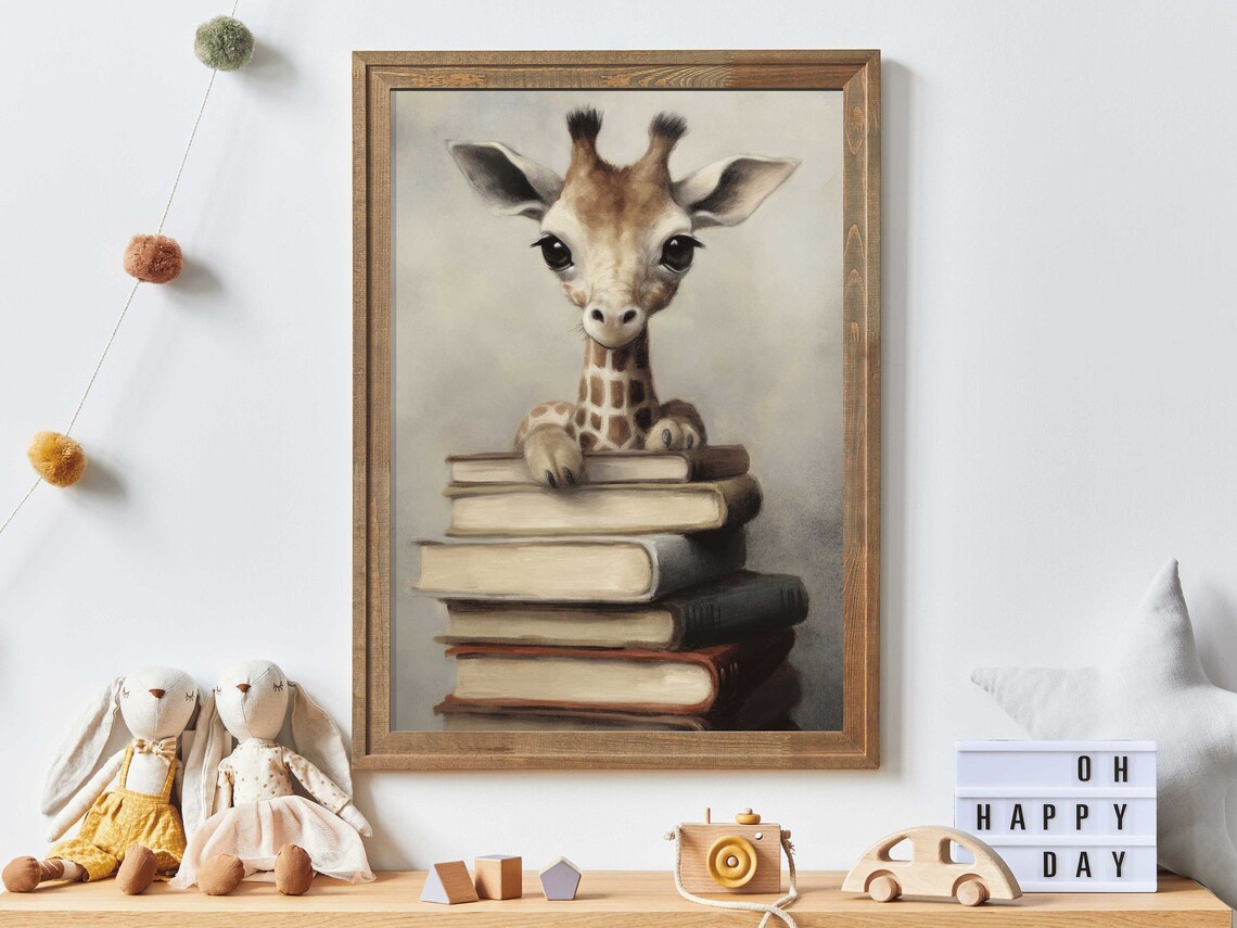 Vintage Giraffe Books Art Print, Kids Room Decor