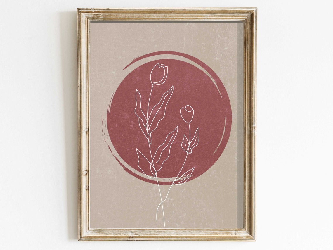 Boho One Line Botanical Flowers in Beige Vase Minimalist Poster