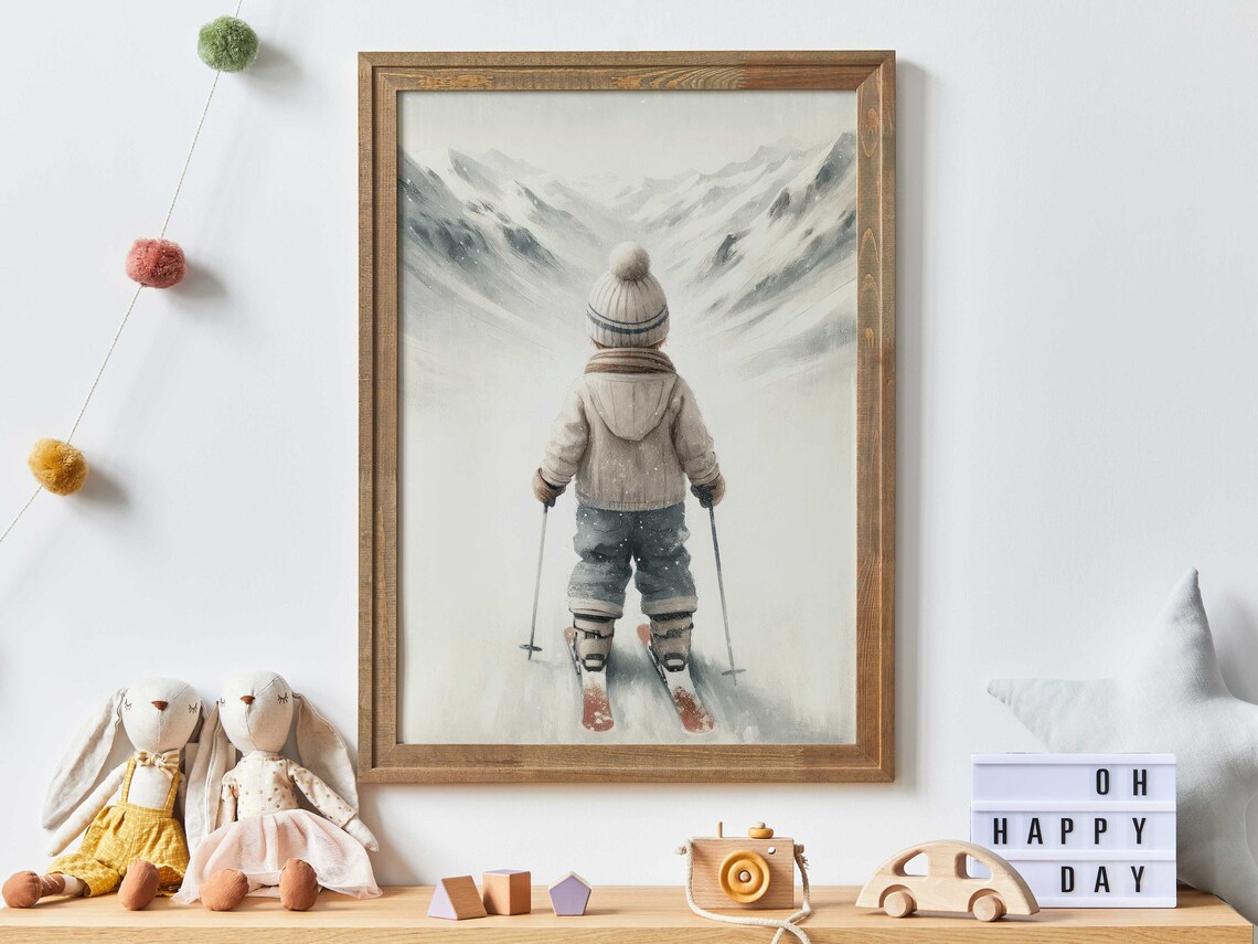 Skiing Nursery Art, Boy's Winter Decor Art Print